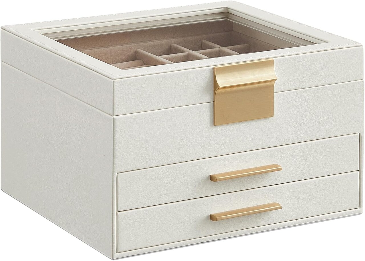 Jewelry Box Organizer with Glass Lid, 3-Layer Jewelry Storage, with 2 Drawers, Modern Style, 8 x 9.1 x 5.3 Inches, Cloud White and Gold Color UJBC239WT